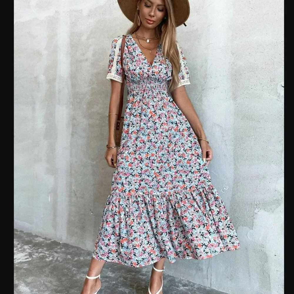 Zara Boho Floral Print Contrast Lace Midi Dress Ruffle Flirty Lace A-Line Small - Picture 2 of 5